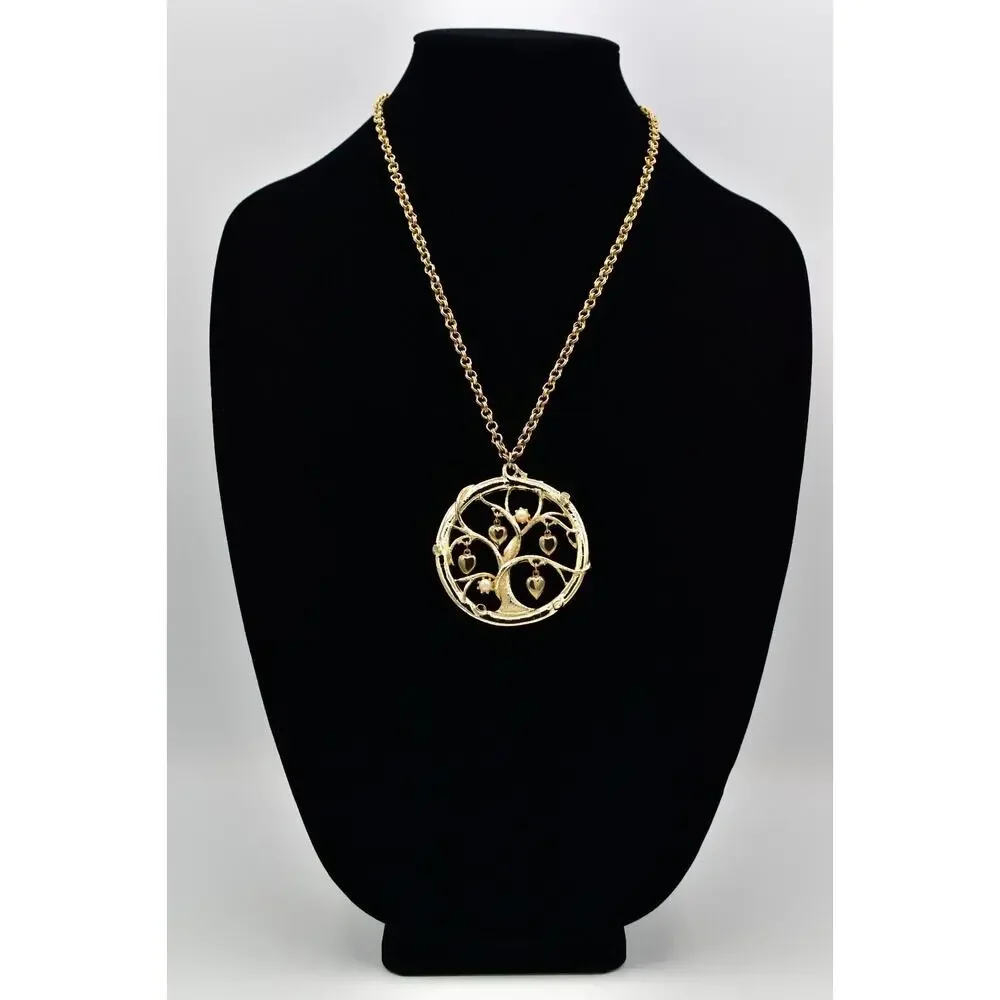 Vintage Tree Heart Pendant Necklace Pearl Charm Gold Tone Chunky 1970s BinBL